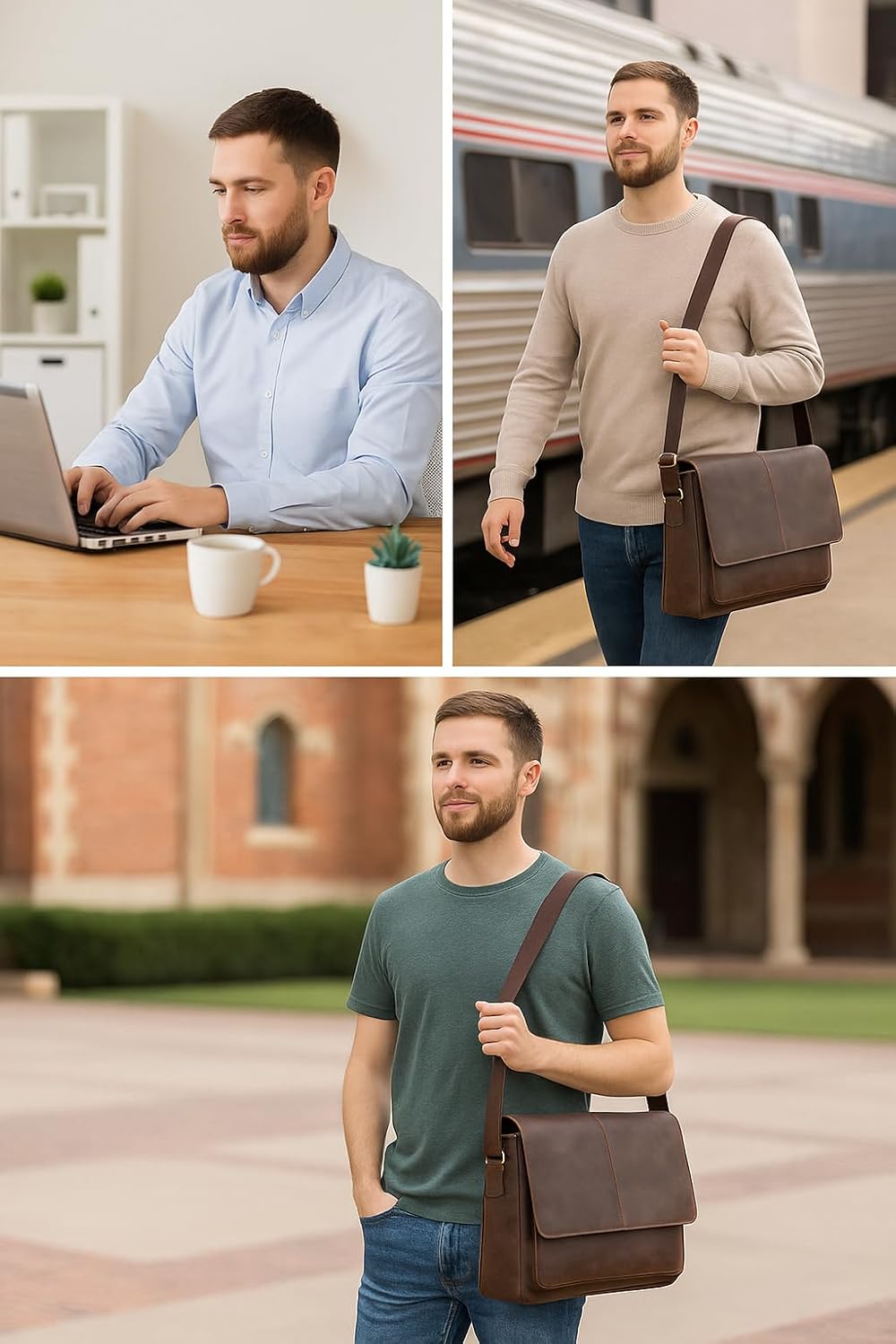 Leather Messenger Bag for Men and Women - Laptop Briefcase Bag For College, Office, Adjustable Shoulder Strap