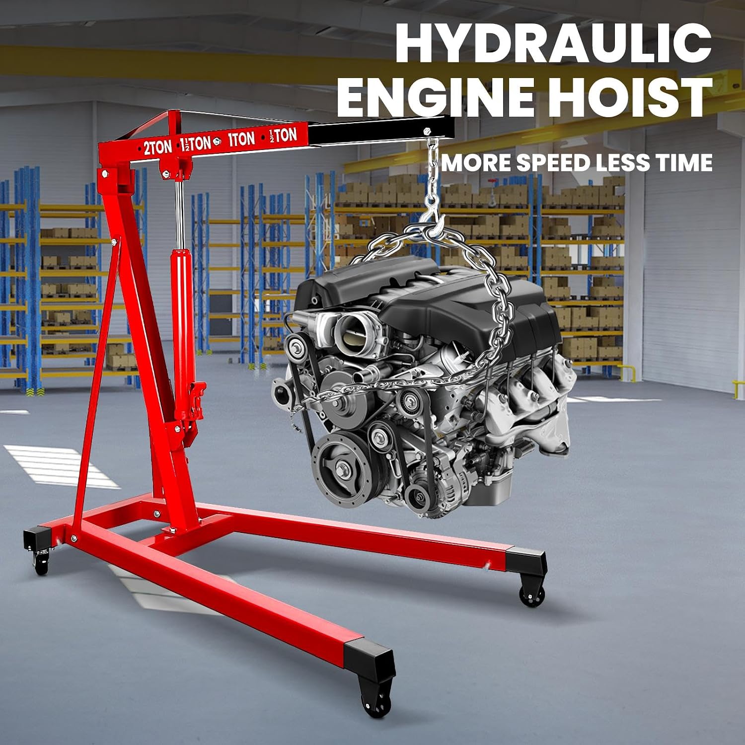 2 Ton Folding Engine Hoist, 5500lbs Hydraulic Cherry Picker Engine Hoist with 4 Casters, Heavy Duty Engine Lift for