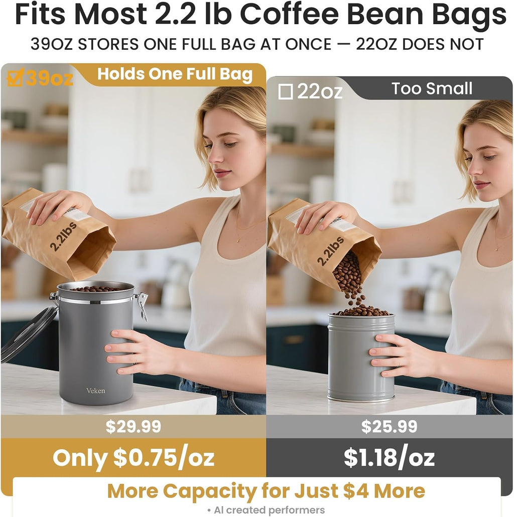 Coffee Canister,39OZ, 2.2lbs,Large Airtight Stainless Steel Container | Kitchen Food Storage Jars for Beans,Ground