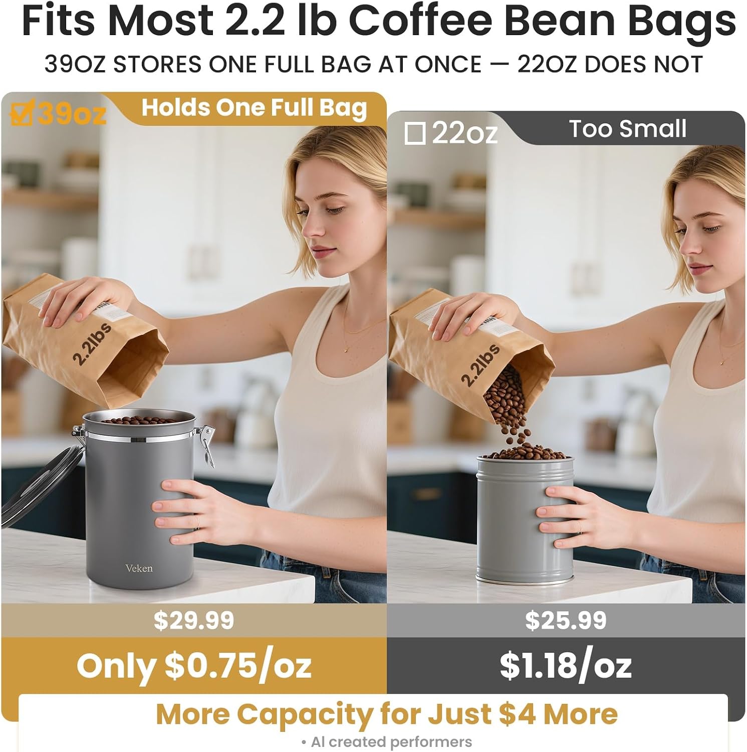 Coffee Canister,39OZ, 2.2lbs,Large Airtight Stainless Steel Container | Kitchen Food Storage Jars for Beans,Ground