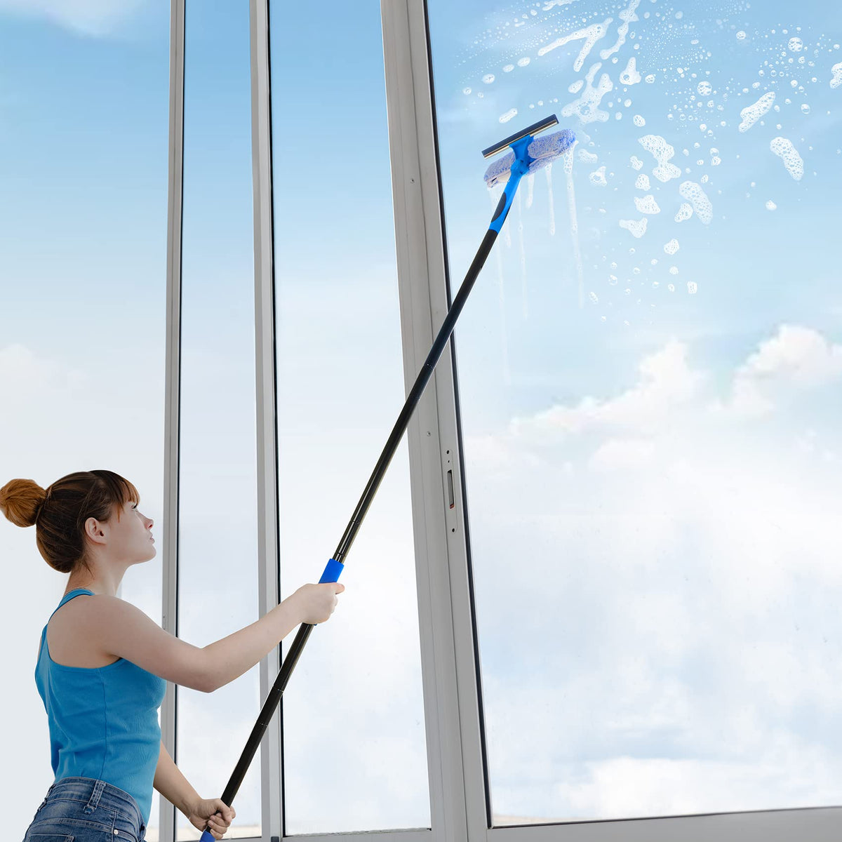 Professional 69'' Window Squeegee Cleaner Tool with Extension Pole, 2-in-1 Squeegee for Window Cleaning Kit with