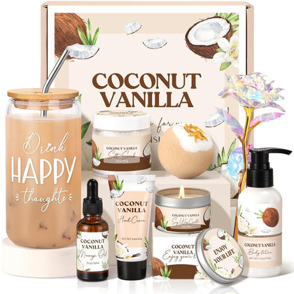Spa Gift Baskets for Women, Vanilla Coconut Bath and Body Gifts Set for Women, Home Spa Self Care Gift, Relaxing Bath