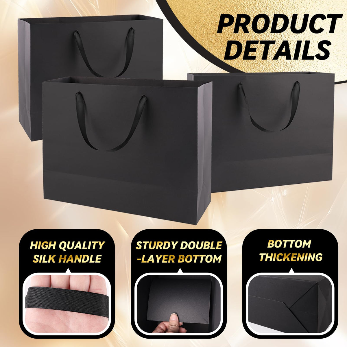 12 Pack Large Black Gift Bags with Handles & 24 Tissue Papers