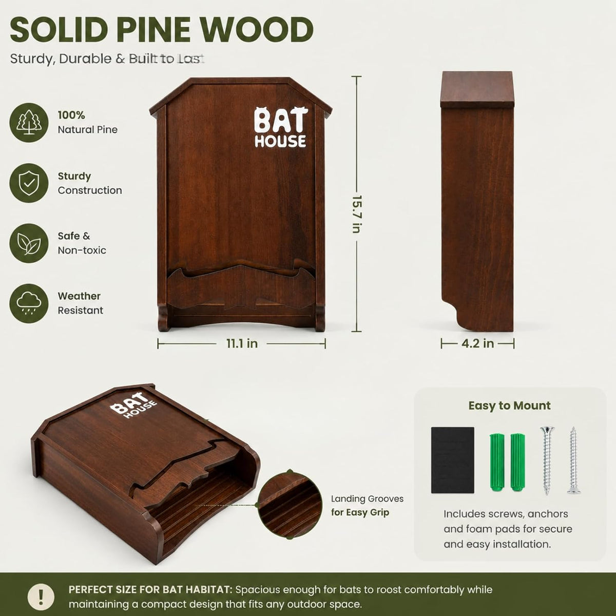 Bat House for Outdoors, Double Chamber Wood Bat Box for Outside to Attract Bats, Handcrafted Pine Bat Shelter with