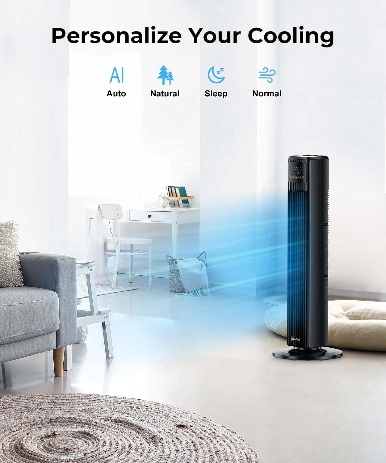 Tower Fan for Bedroom, Quiet Floor Fan, 90° Oscillating Fans for Indoors with 4 Speeds, 4 Modes, 24ft/s Velocity