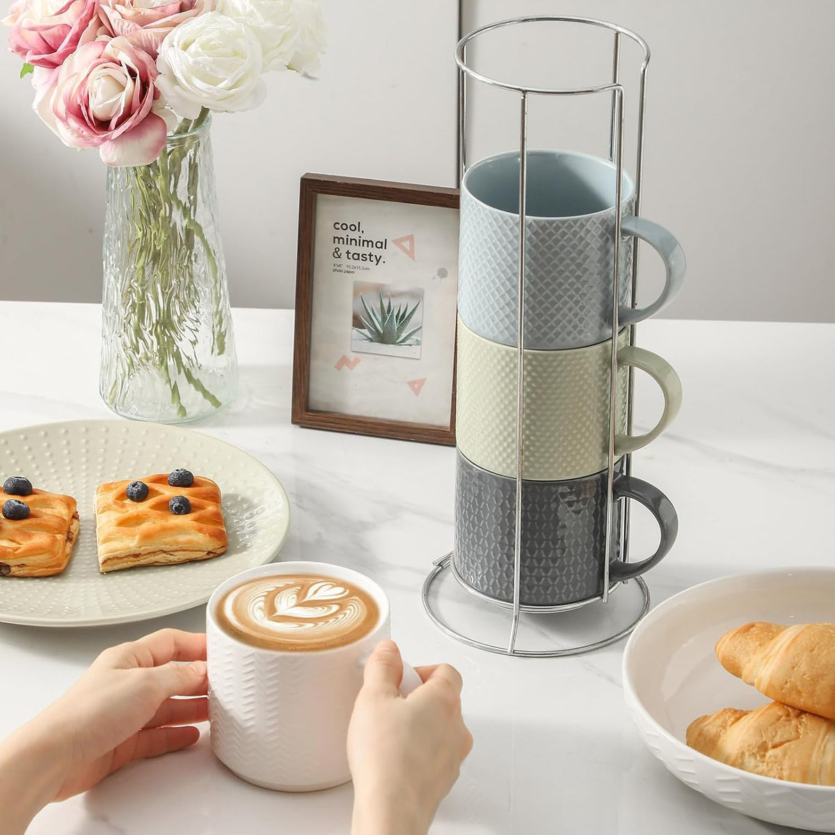 Coffee Mugs with Metal Stand,15 oz Ceramic Stackable Mug Set Embossed Latte Cup, Ceramic Coffee Cups with Handle for
