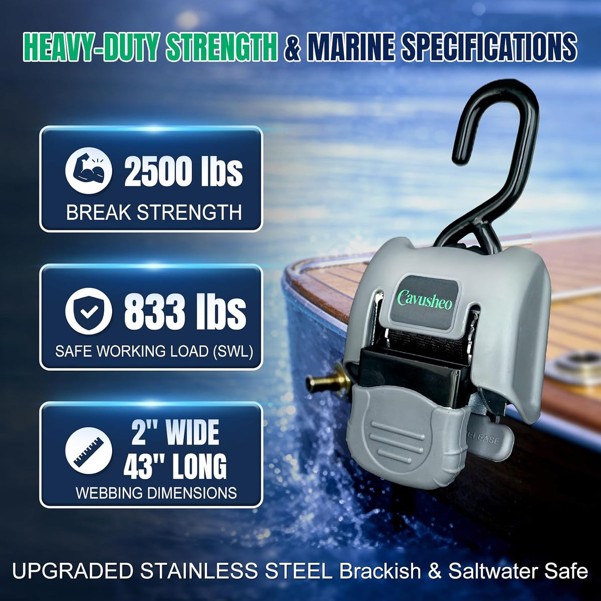 2Pack Retractable Boat Transom Tie Down Straps 2" x 43" 2500 lbs Strength
