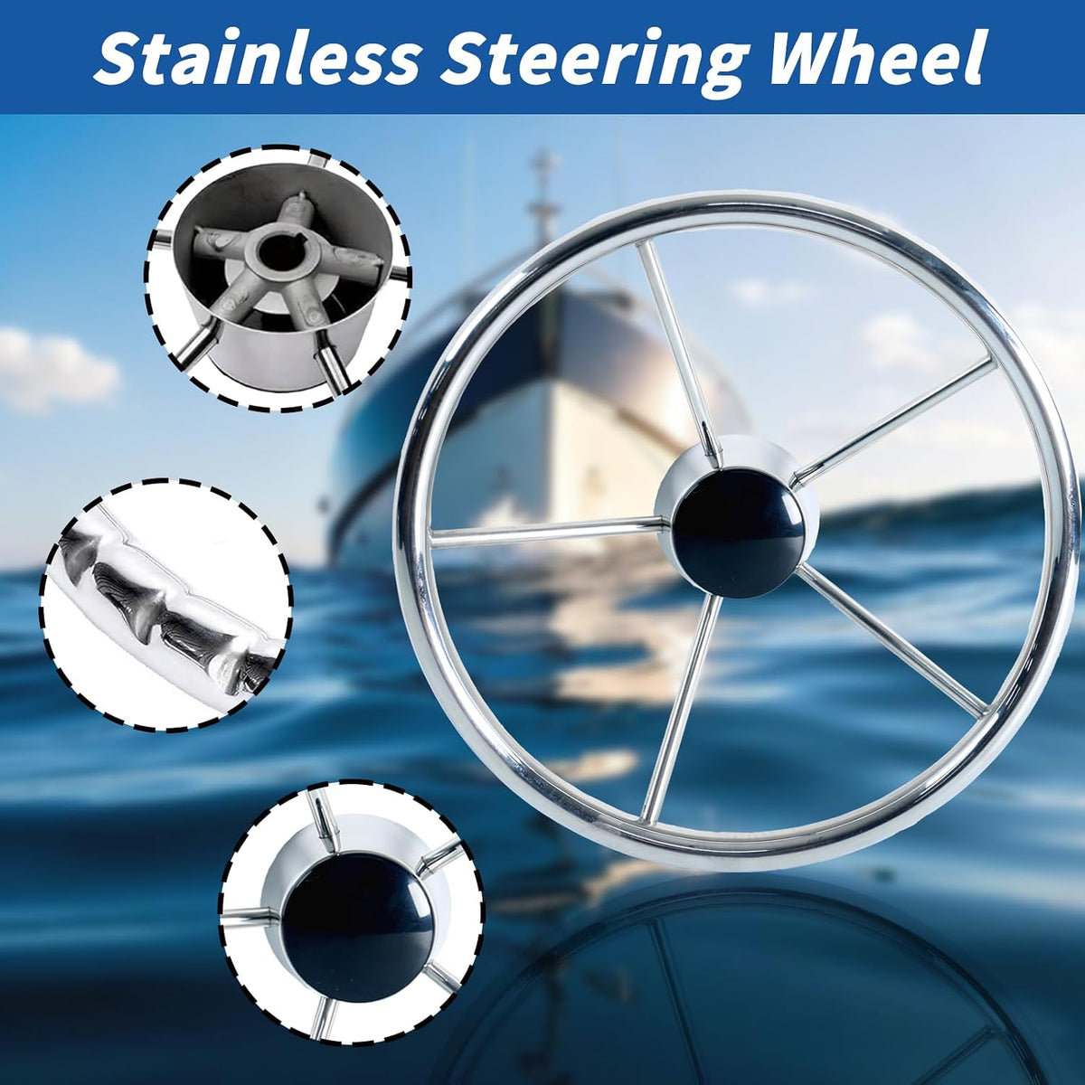 13.5" Destroyer Style Marine Steering Wheel – 5-Spoke Stainless Steel, 3/4" Tapered Shaft, Universal Fit for Pontoon, Bass Boat, Yacht & Sea Vessels, Center Cap Included