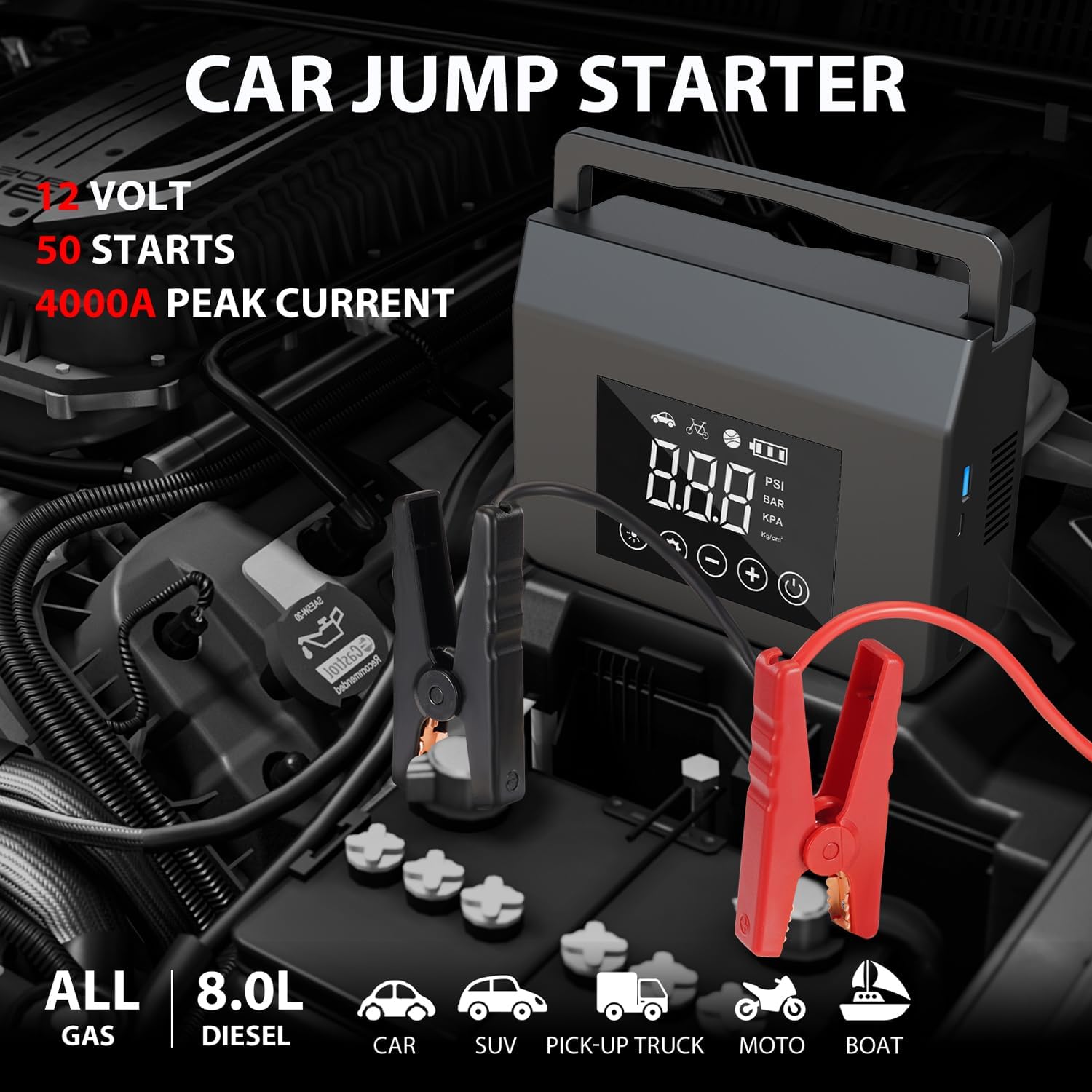 Portable Car Battery Jump Starter with Air Compressor 4000A 150PSI Inflator