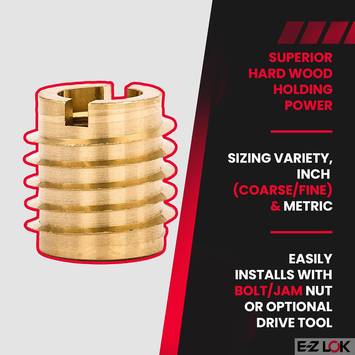 E-Z LOK Knife Threaded Insert for Hard-Wood, Brass Thread Inserts 5/16-18 Internal Threads, 0.625" Length Pack of 10