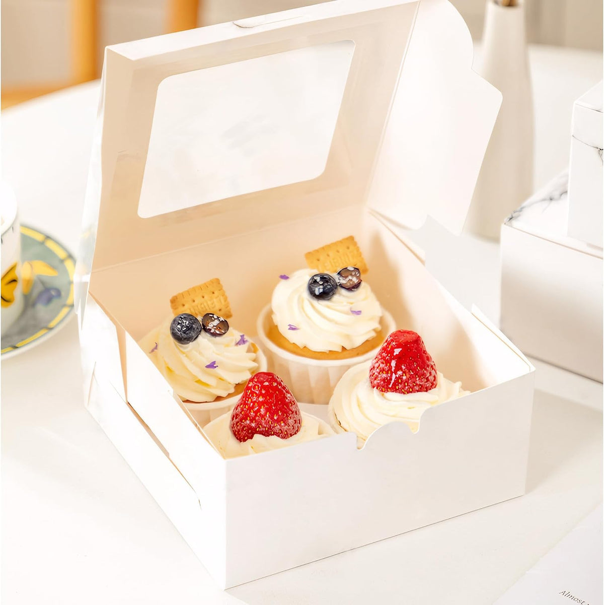 14 PCS White Paper Cupcake Boxes with 4 Cavity Cookie Gift Boxes with Clear Window 4 Treat Holder Cupcake Containers