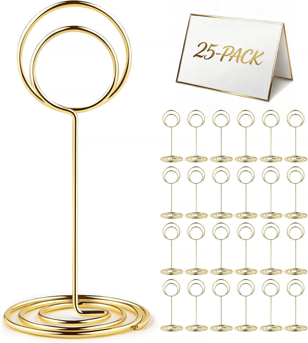 25-Pack Table Number Holders - Place Card Holders | Upgraded 1.58" x 3.35" Glossy Gold Card & Picture Holder with