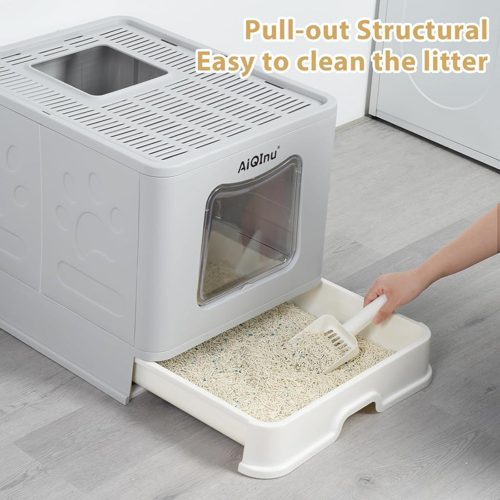 XLarge 80L Foldable Cat Litter Box with Lid, Top Exit & Front Entry Kitty Litter Box, Includes Litter Mat & Scoop
