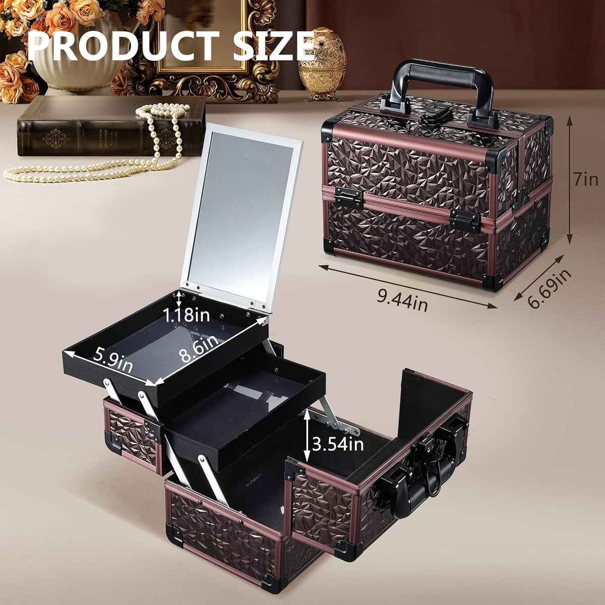 Makeup Case Organizer Makeup Box Cosmetic Train Case with Mirror