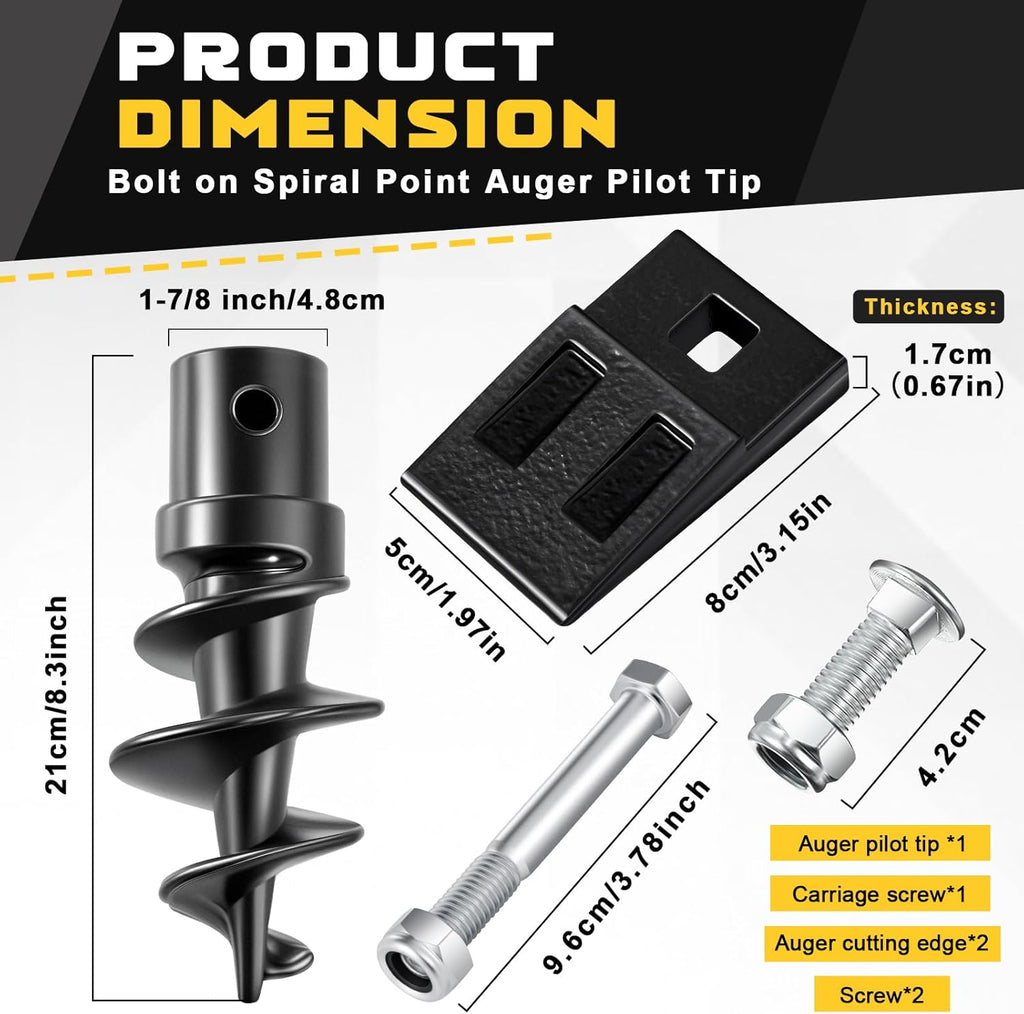 Bolt on Spiral Point Auger Pilot Tip and 2 Pcs 3 Point Auger Cutting Edge Square Hole Replacement Teeth with Hardware