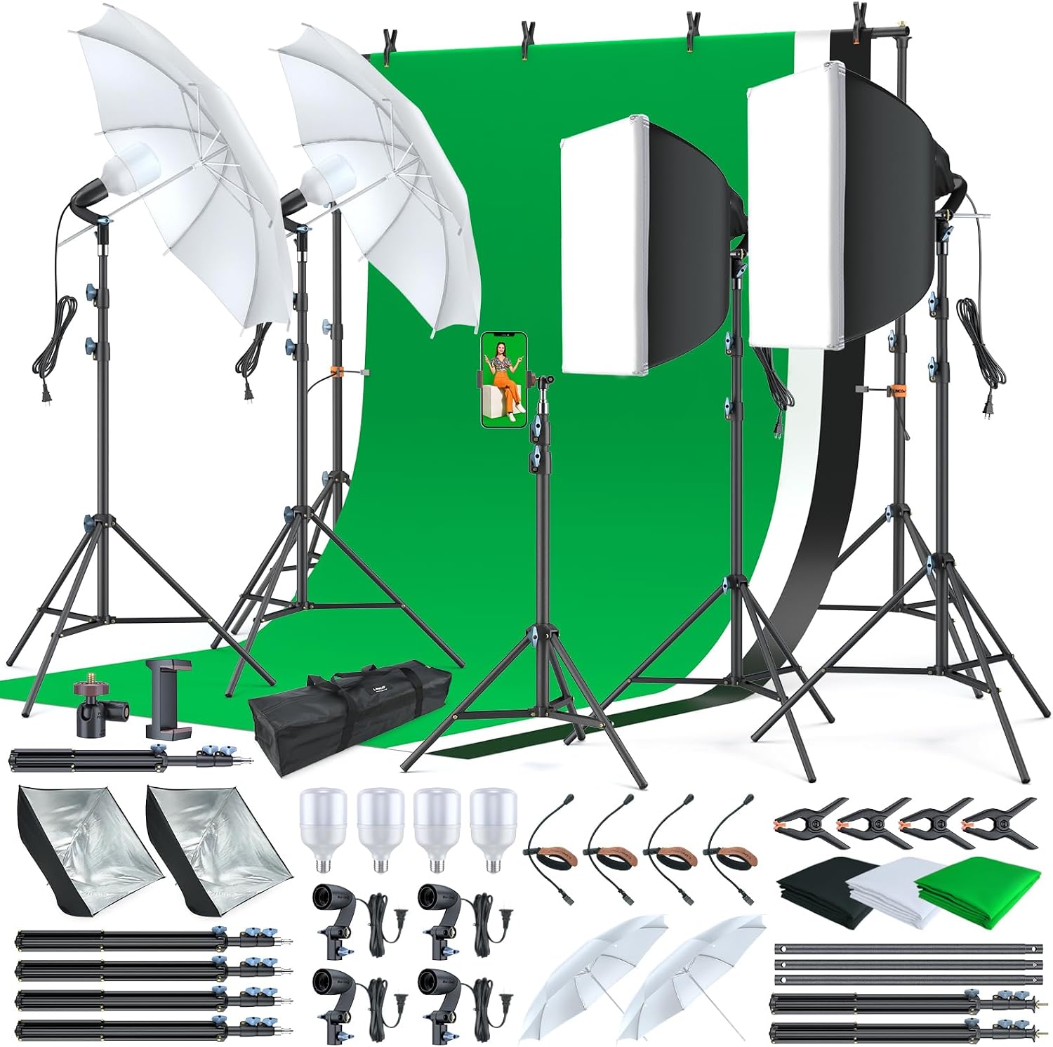 Lincostore Photo Video Studio Light Kit AM169 | Photography lighting kit, 3 muslin backdrop (black/white/green)