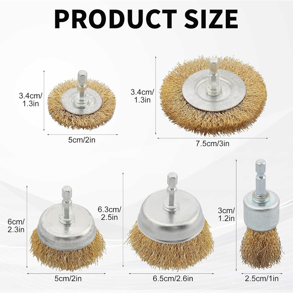 5 Pcs Wire Brush for Drill Set, Brass Wire Wheel for Drill, 1/4 Inch Hex Shank, Wire Brushes for Cleaning Rust for Drill