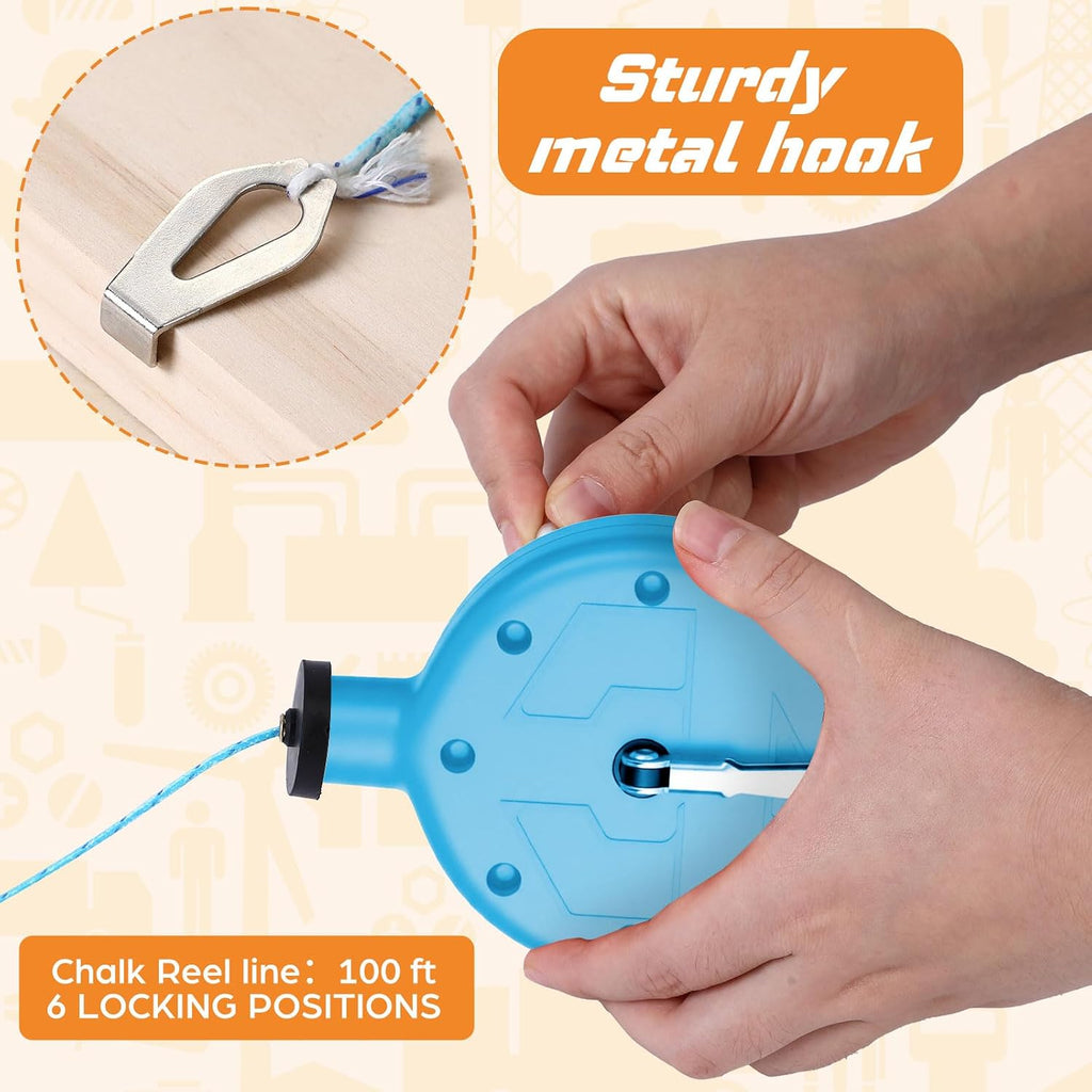 2 Chalk Line Tool for Building 100 ft, Blue | PP Case, Metal Hook, Portable Chalkline Reel Box, Construction