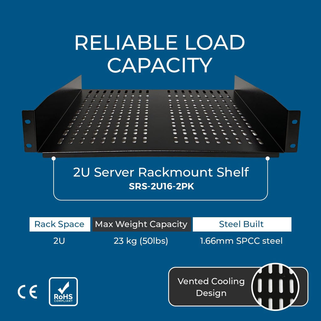 OREI 2U Vented Rack Shelf, 19-Inch Steel, 22 kg Capacity, 2-Pack, Universal