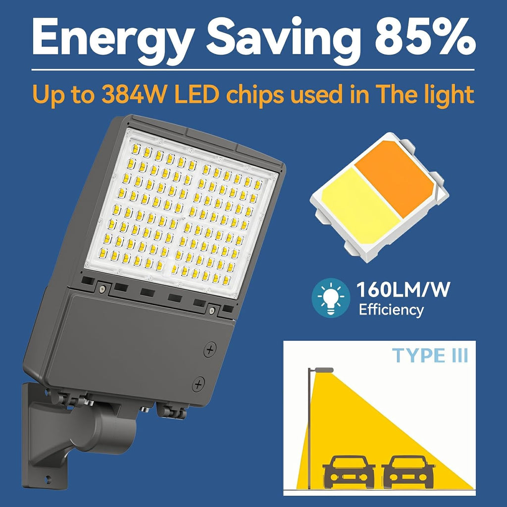 LED Parking Lot Light: 150W/200W/240W Selectable, Shoebox Light Arm Mount