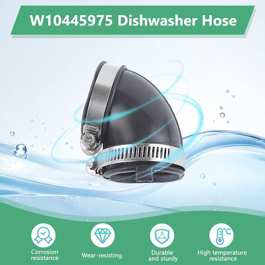 Dishwasher drain hose parts W10445975 Dishwasher Circulation Pump to Sump Hose Compatible with Some Amana, Inglis, Jenn Air, Kenmore, Kitchen Aid, and Whirlpool dishwashers (Includes Two Clamps)