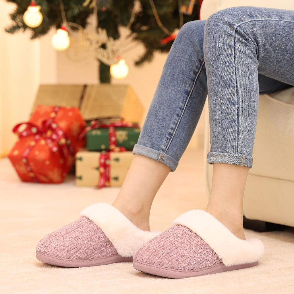 Women's Chenille Knit Fuzzy Slippers Memory Foam Warm House Shoes | Comfy Fleece Lined, Fluffy Faux Fur, Anti-slip
