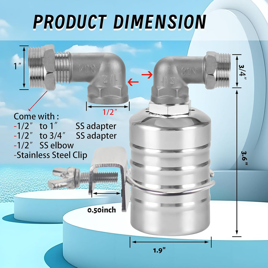 2-Pack Float Valve, 1/2" to 3/4'' 1" 304 Stainless Steel Fully Automatic Water Level Controller Water Float Valve for