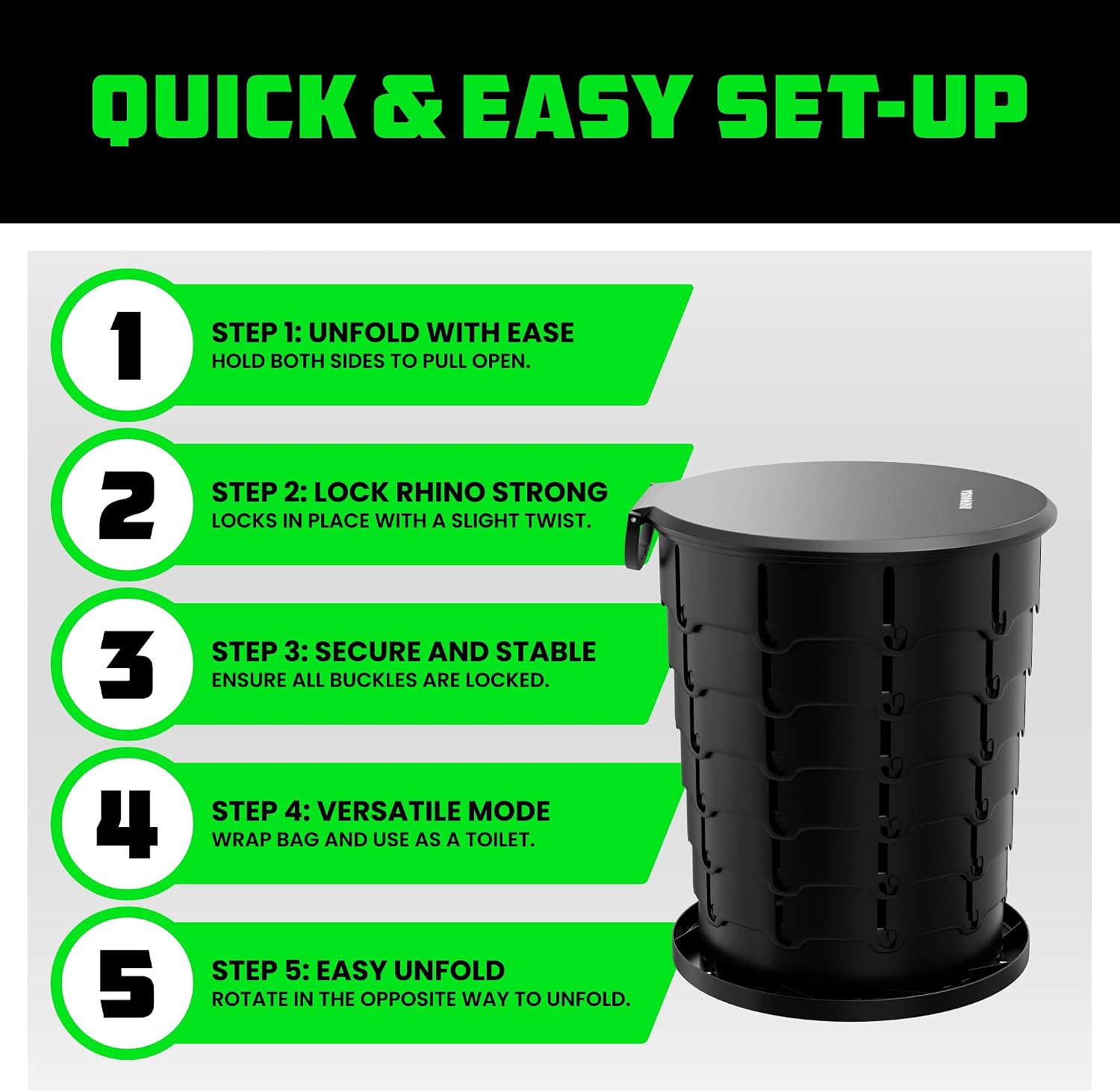 XL Portable Toilet for Camping (400lb Capacity) - Adjustable | Retractable, Collapsible Design. Adjustable Height