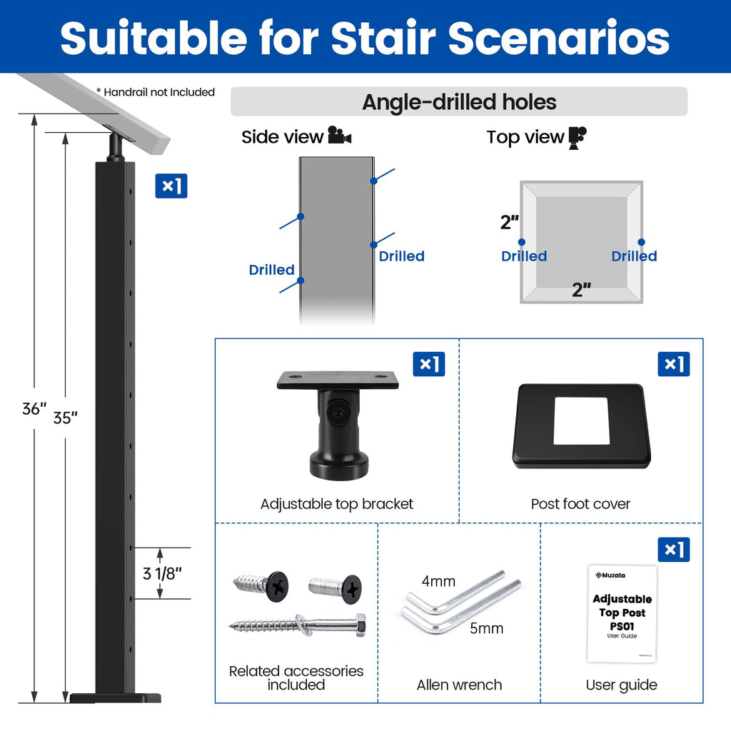 36" Black Cable Railing Post Surface Mount Angle Drilled PS01 BA4S