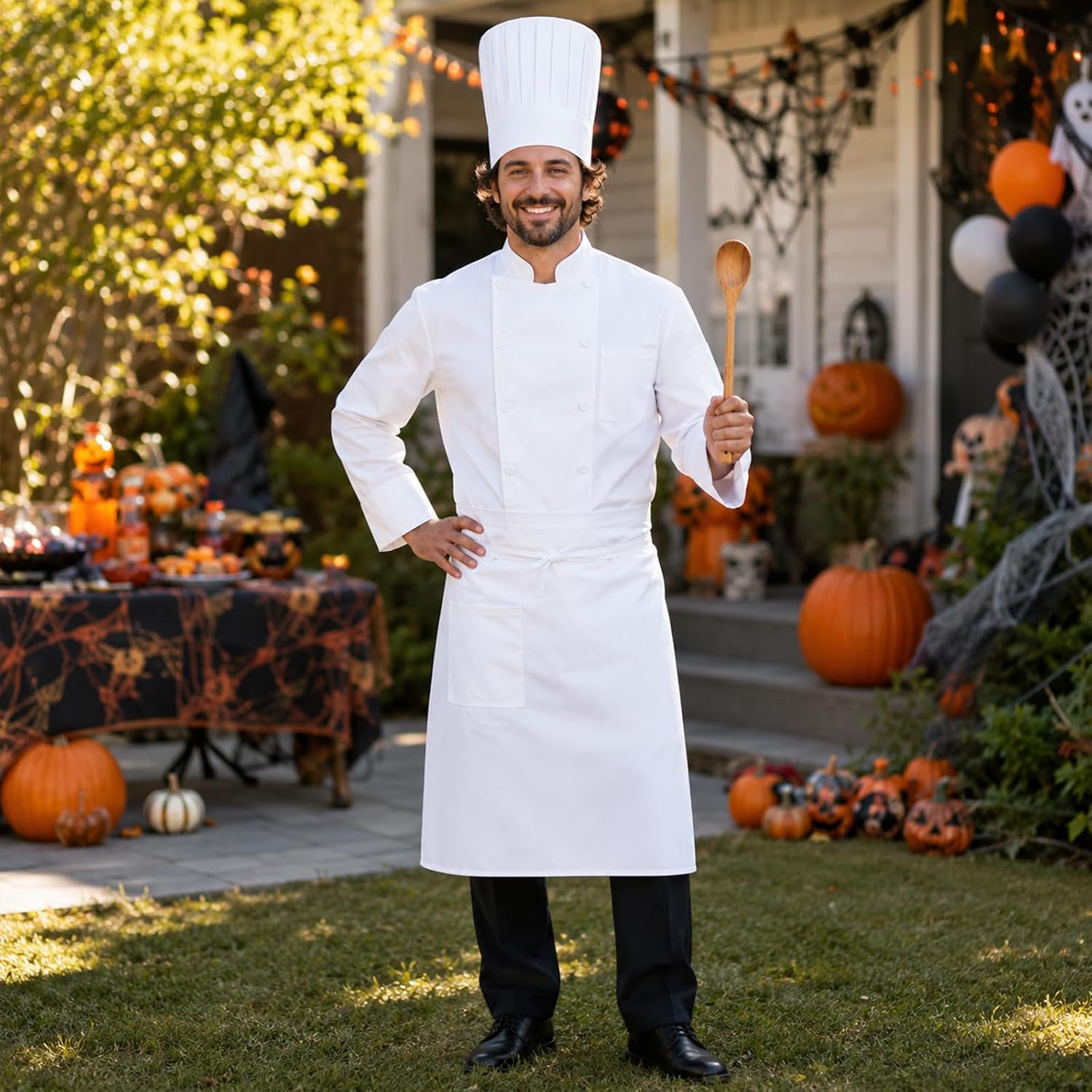 4 Pcs Halloween Mouse Chef Costume Set Inclued Chef Jacket,Tail Hat,Apron and Spoon for Men Women Cosplay Party
