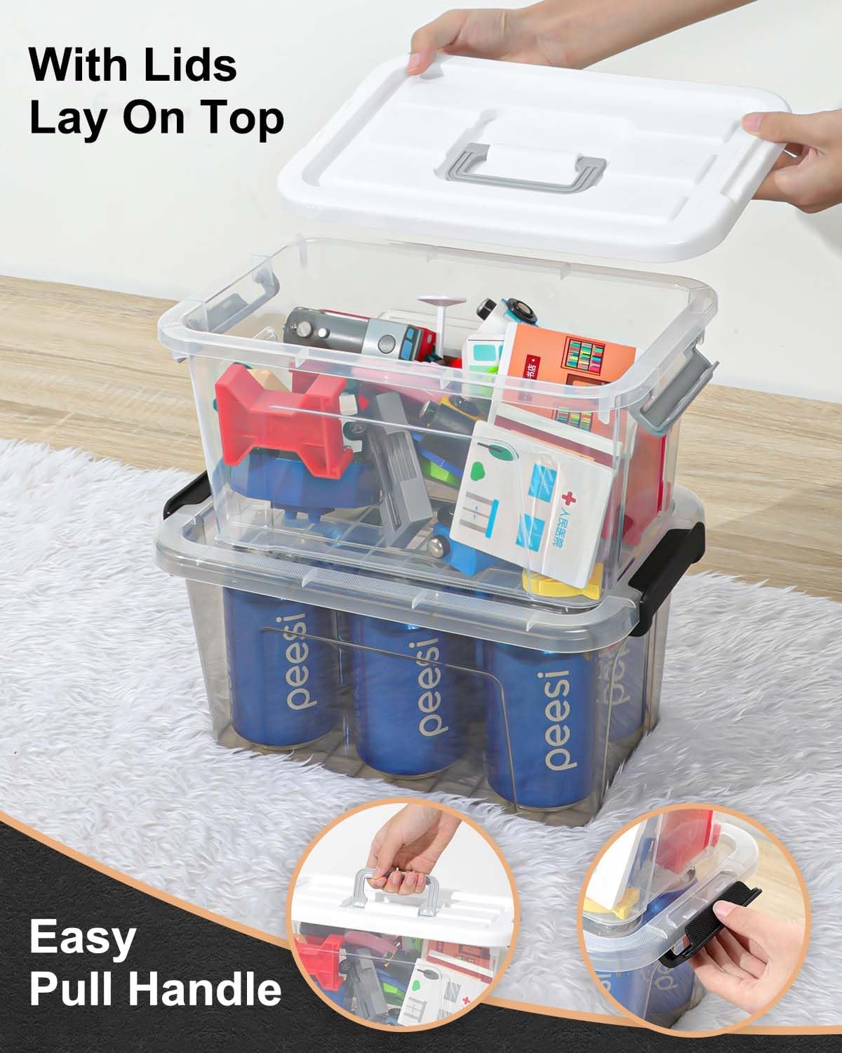 Plastic Storage Bins with Lids 6 Pack Storage Organizer, 7 Quart Stackable Storage Bins with Buckle-Up Latches and