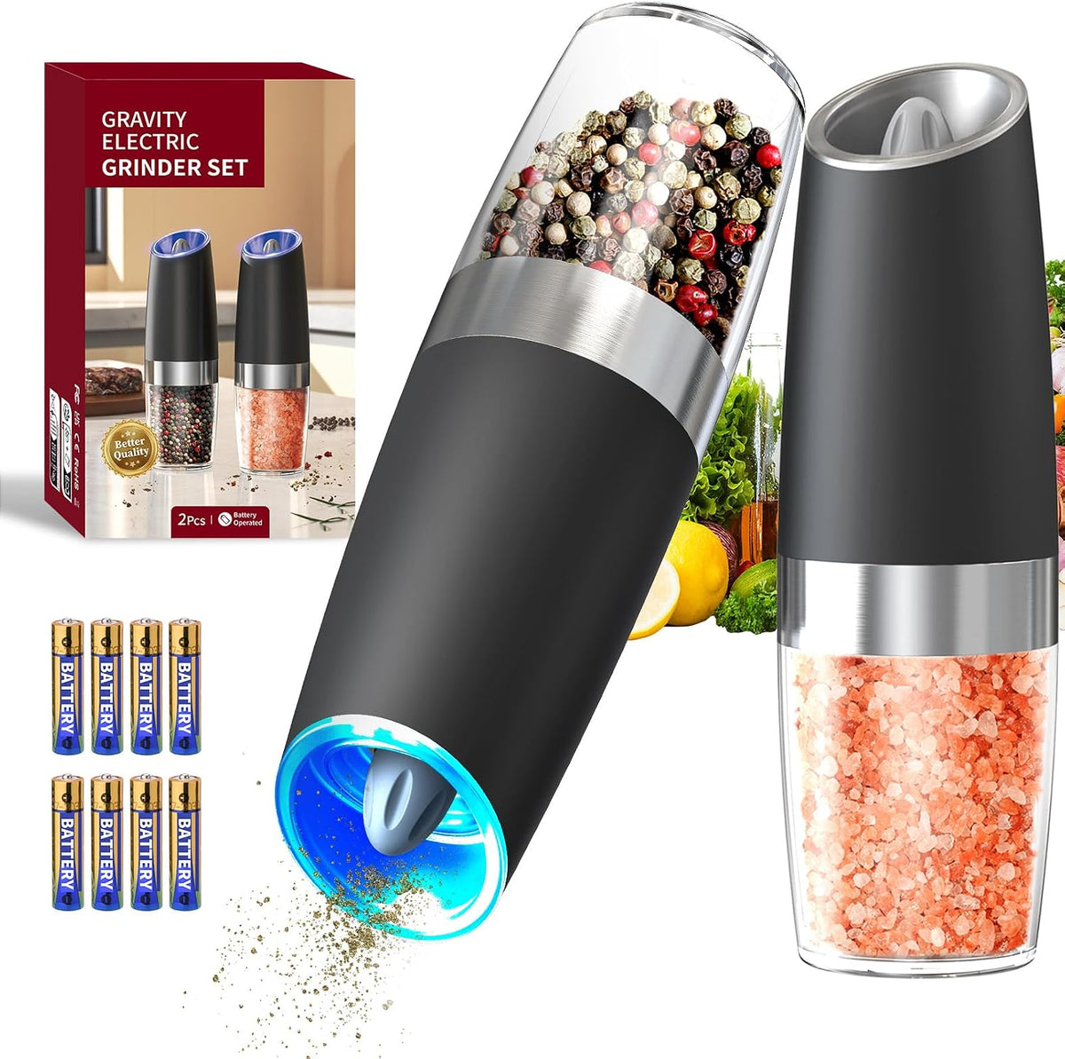 Gravity Electric Salt and Pepper Grinder Set Automatic Salt and Pepper Grinder Set with LED Light, Battery Operated