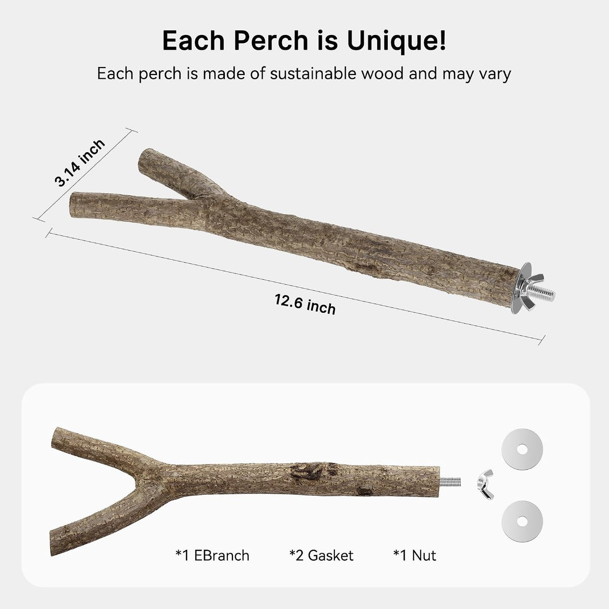 Natural Wooden Perches for Bird Cages - Ideal for Cockatiels, Parakeets, Finches & Other Caged Birds (Natural Bark, 2