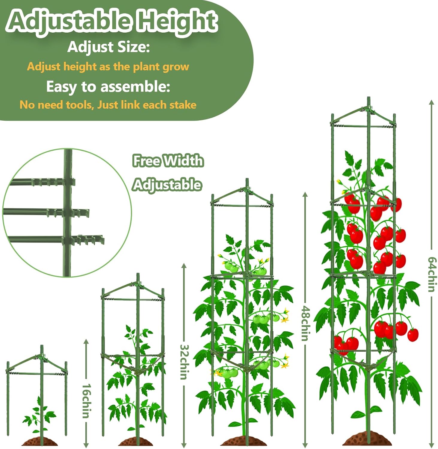 3 Pack Tomato Cages - Tomato Trellis Plant Support Stake Cage for Garden and Pots, Adjustable Tomato Plant Cage Tall