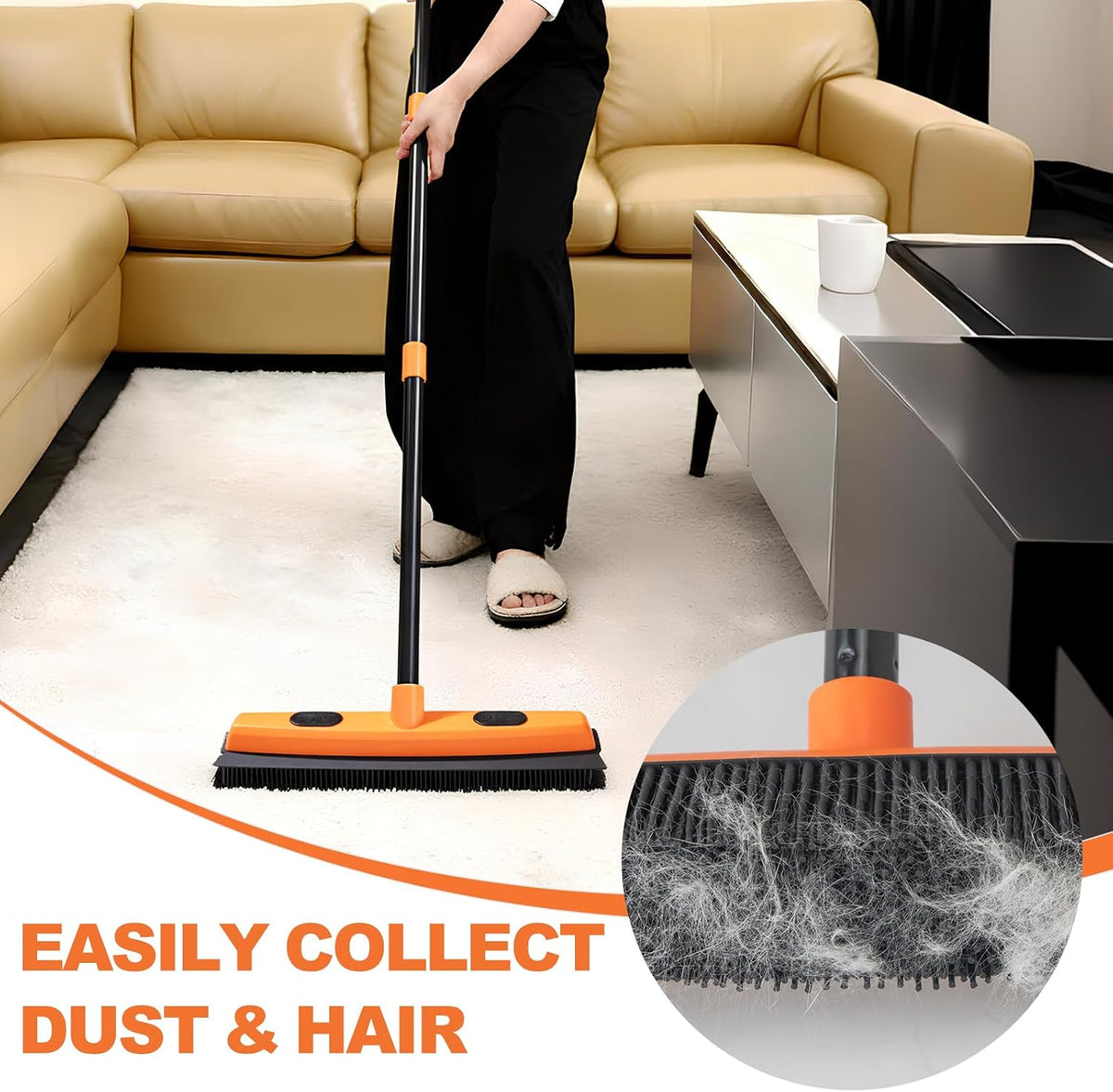 Rubber Broom and Carpet Rake for Pet Hair Removal, 49 Inch Three Section Stainless Steel Pole, Hair Removal Tool, Pet
