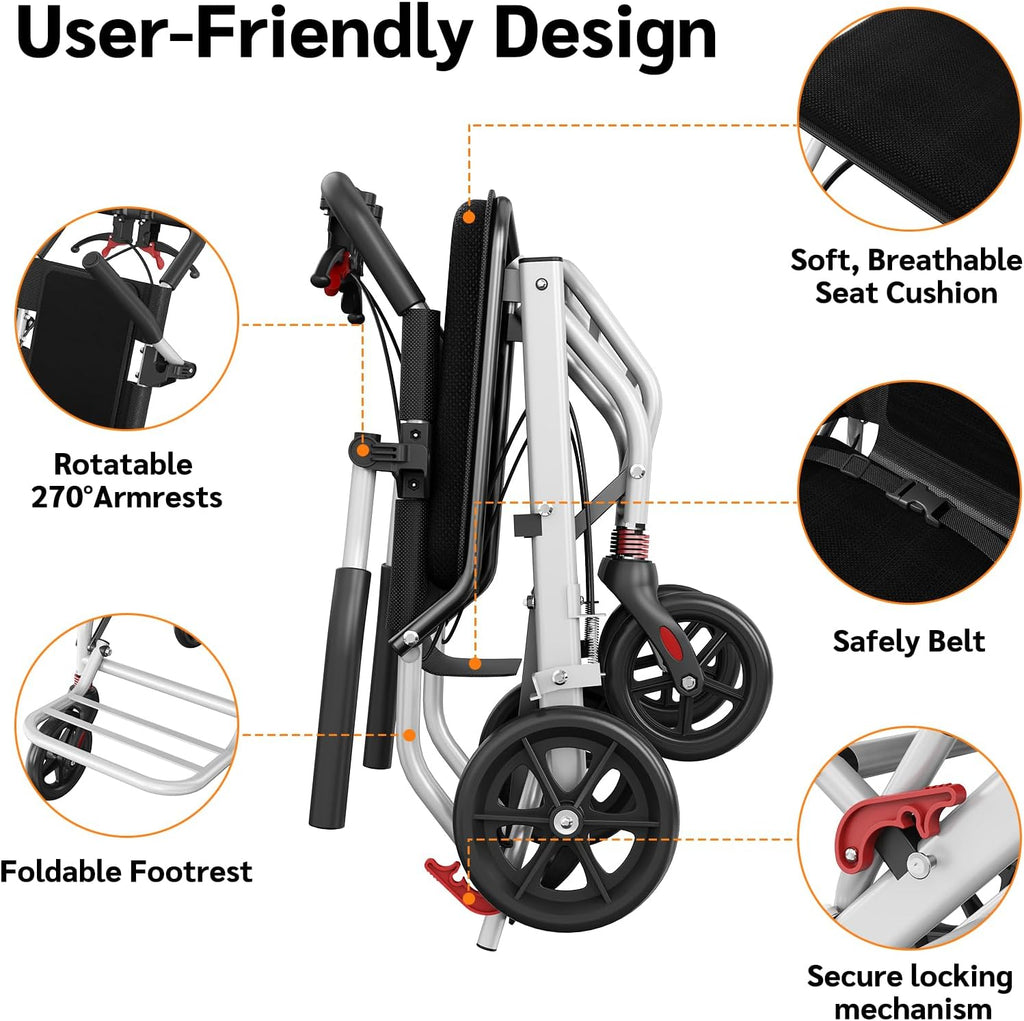 Lightweight Foldable Transport Wheelchair, Portable Travel Wheelchair