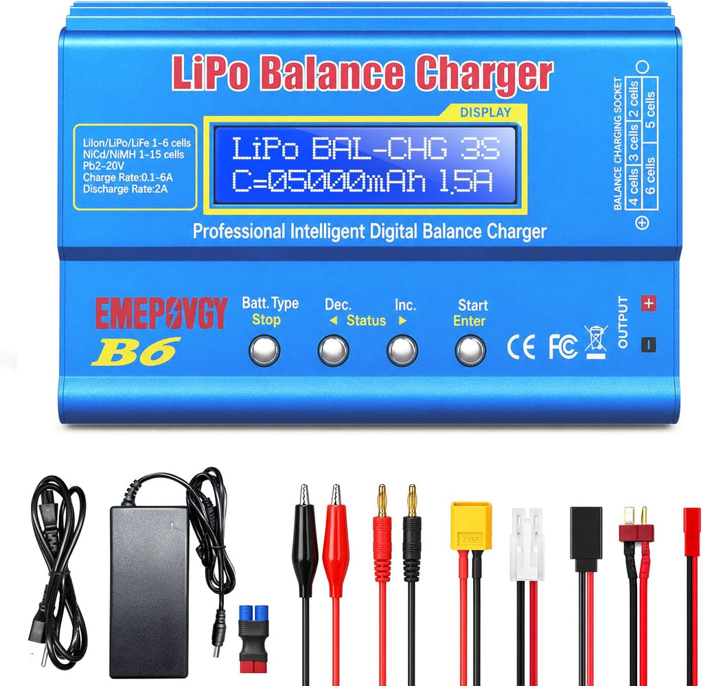 B6 Battery Balance Charger 2026 Upgraded 80W Discharger for NiMH/NiCd (1-15S) LiPo/Li-ion/Life Battery (1-6S) RC