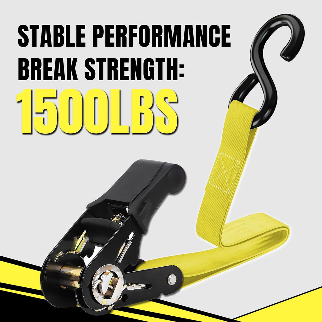Ratchet Tie Down Straps, 1 in x 15 ft, 1500 lb, 4-Pack, Yellow | Coated S-Hooks, Polyester Webbing, Spring-Loaded