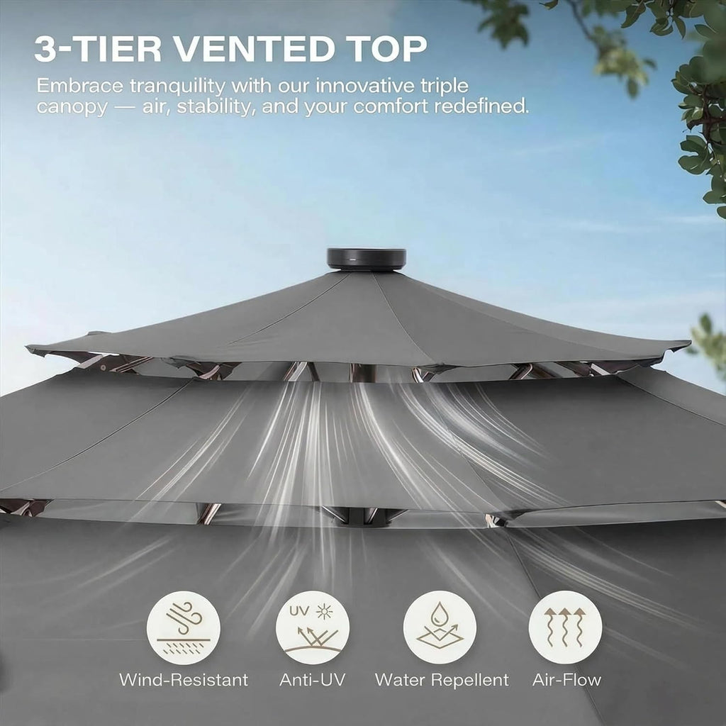 10ft Patio Umbrella with Solar Lights, 3 Tier Lighted Table Umbrella Outdoor Patio with Easy Crank & Tilt, 8 Sturdy