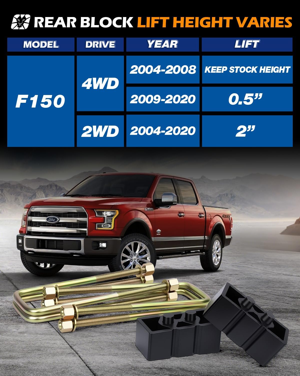 Dynofit Lift Kit for F150, 3" Front Strut Spacers & 2" Rear Aluminum Block with U-Bolts, Front and Rear Full Suspension Leveling Kit for 2004-2020 Ford F-150 2WD 4WD