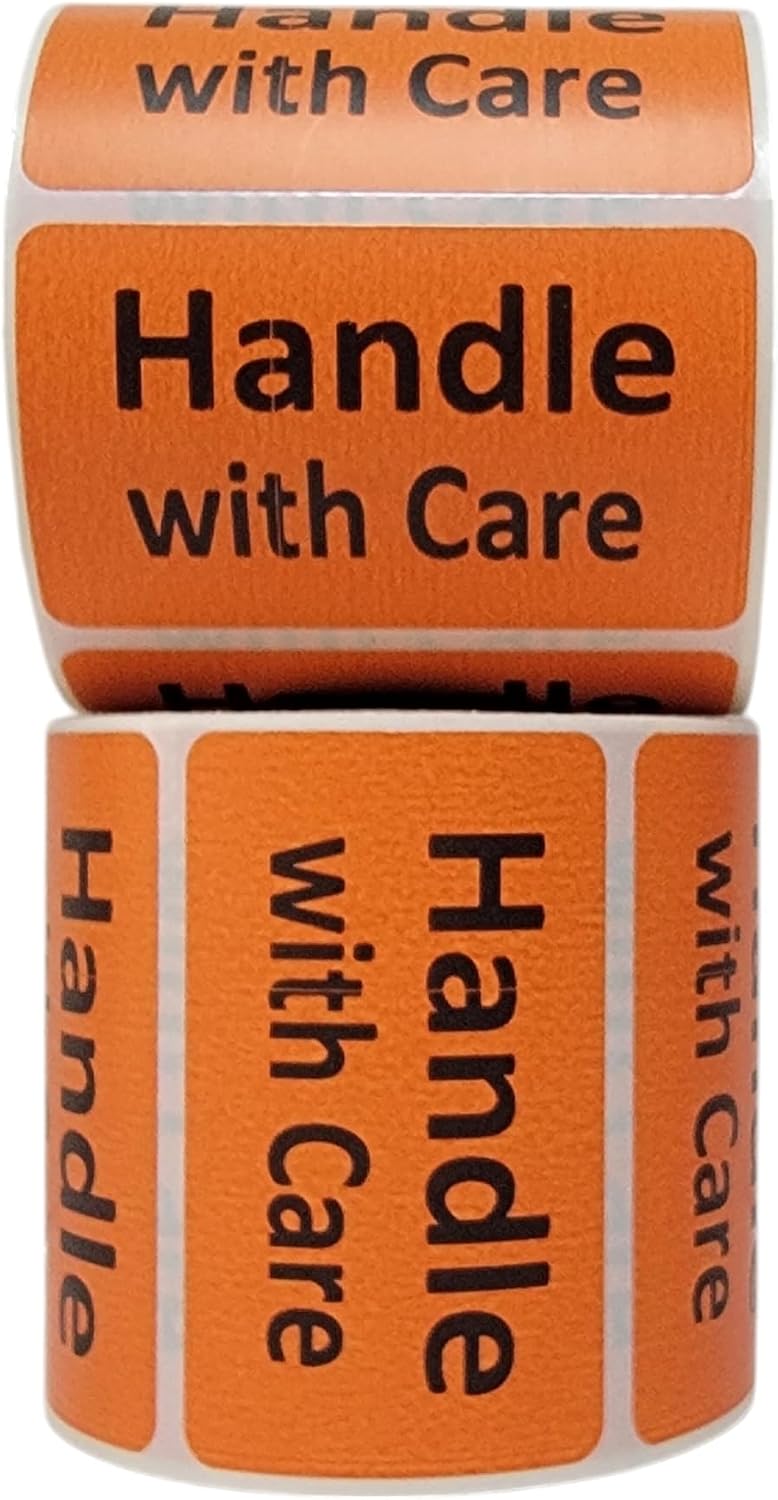 Handle with Care Labels Orange 2.5x1.5-inch Handling Fragile Adhesive Stickers 1 Roll with 500 Labels