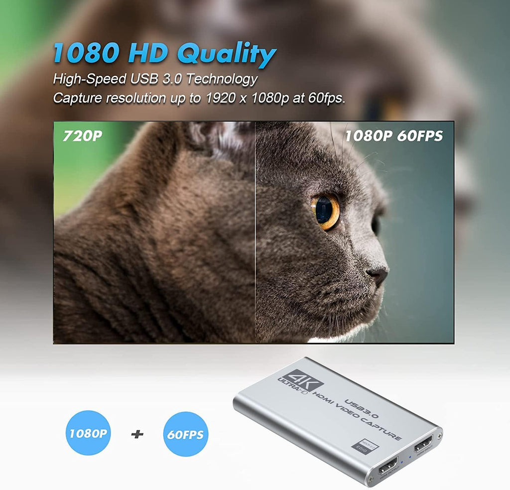 Video Capture Card 4K 1080P 60FPS, USB 3.0 HDMI Video Capture Device, HD Game Capture Card for Streaming, Work with