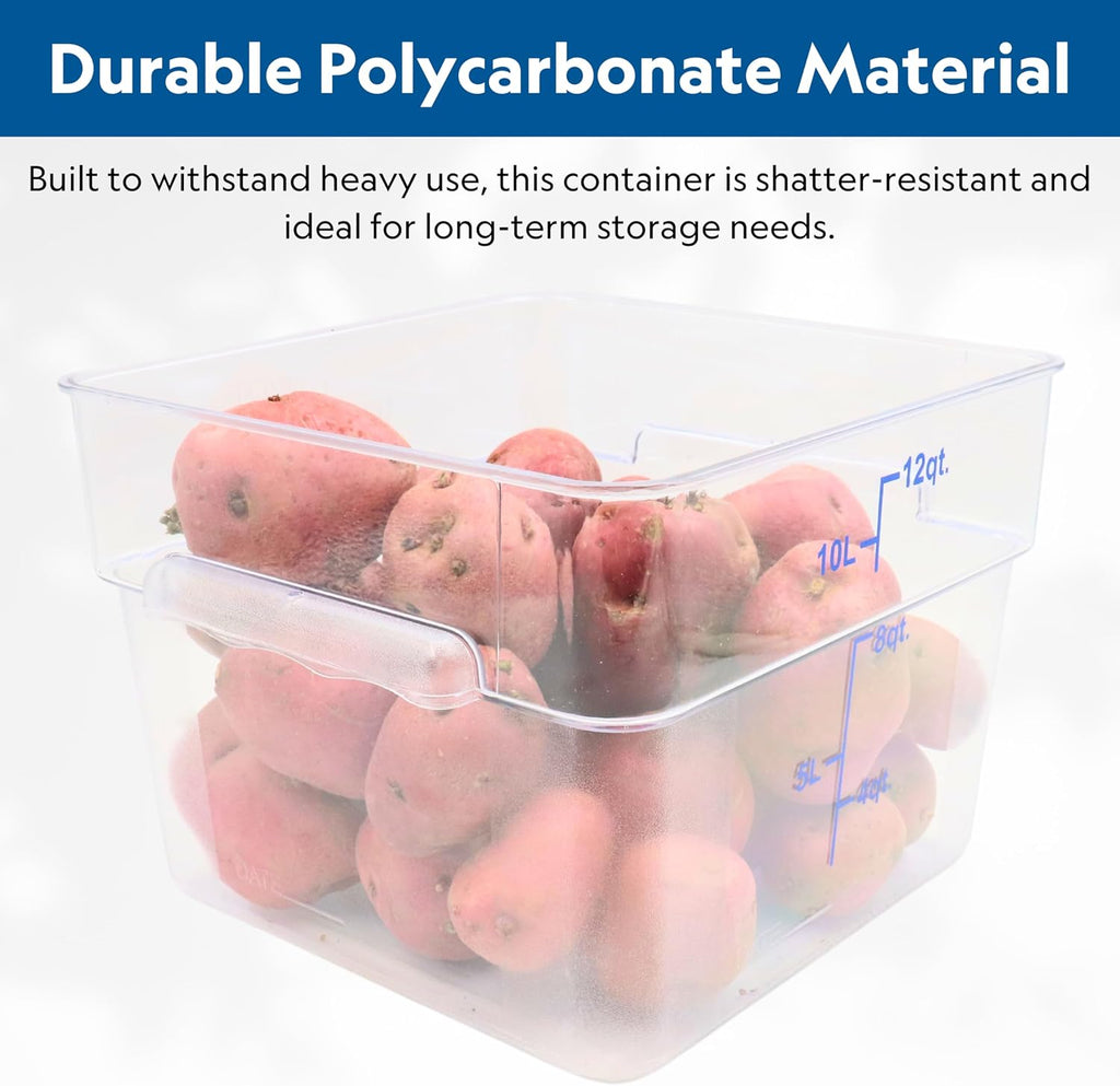 Square Food Storage Container with Blue Lid, 12 Quart, Polycarbonate, Reusable, Clear, NSF