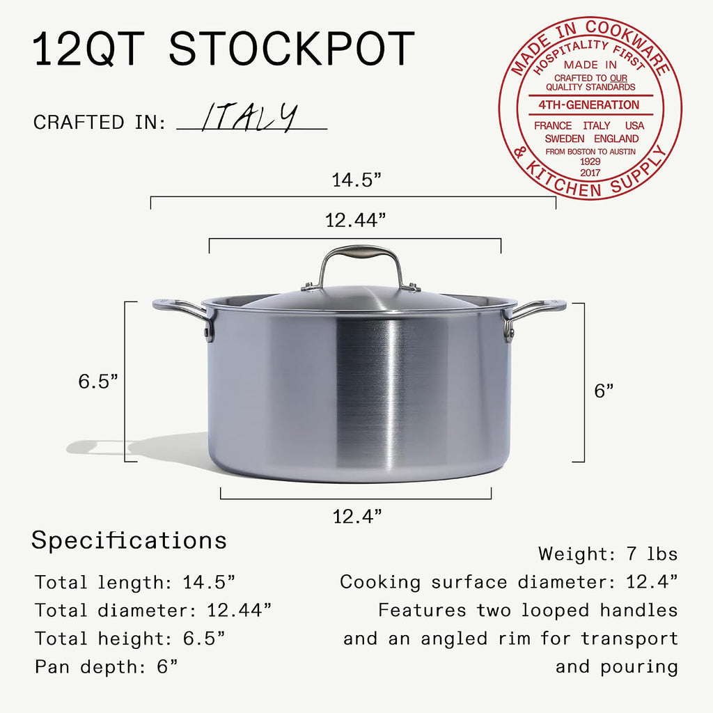 Cookware - 12 Quart Stainless Steel Stock Pot With Lid - 5 Ply Stainless Clad - Professional Cookware - Crafted in