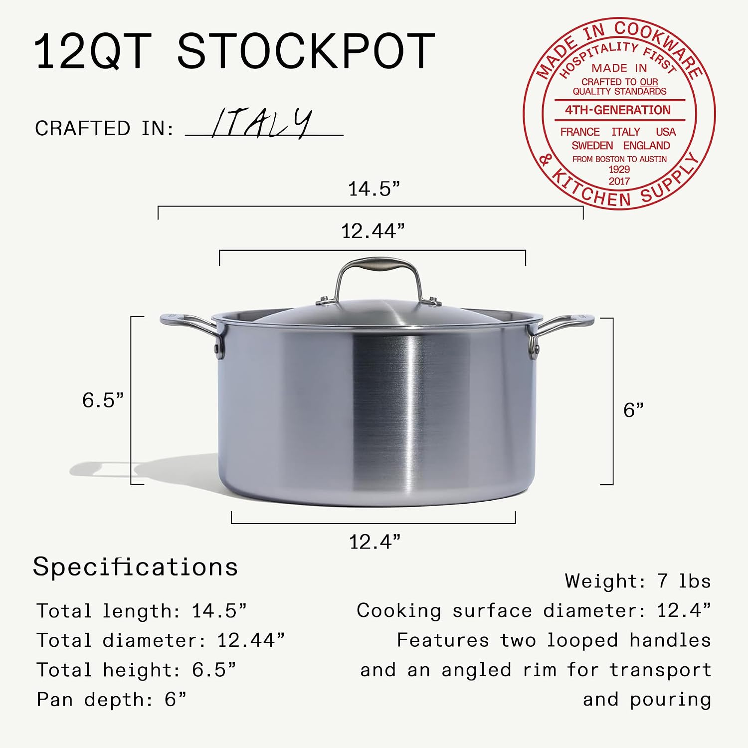 Cookware - 12 Quart Stainless Steel Stock Pot With Lid - 5 Ply Stainless Clad - Professional Cookware - Crafted in