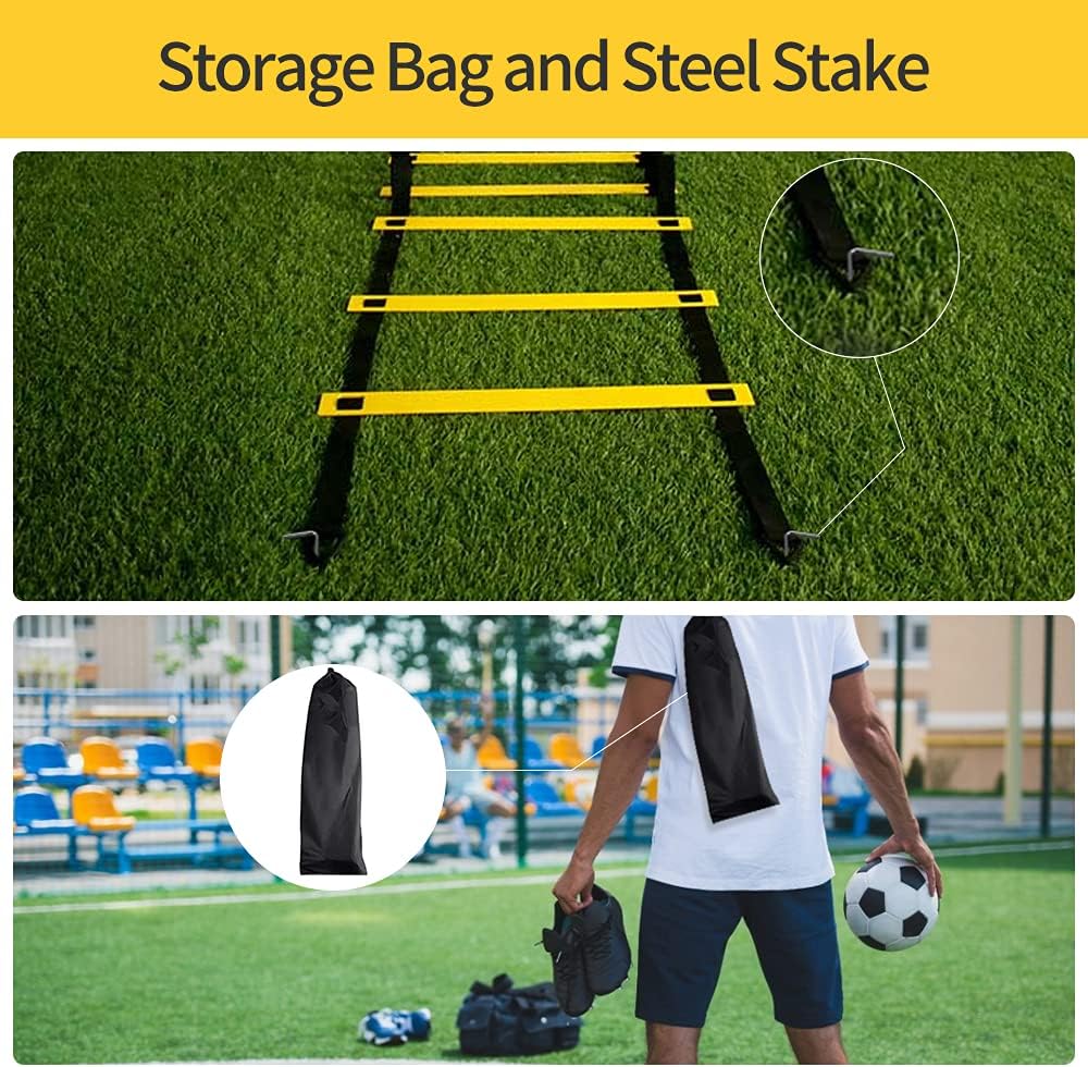 12 Rungs Agility Ladder Set, Training Ladder with Steel Stakes and Carry Bag for Soccer, Speed Fitness Feet Training