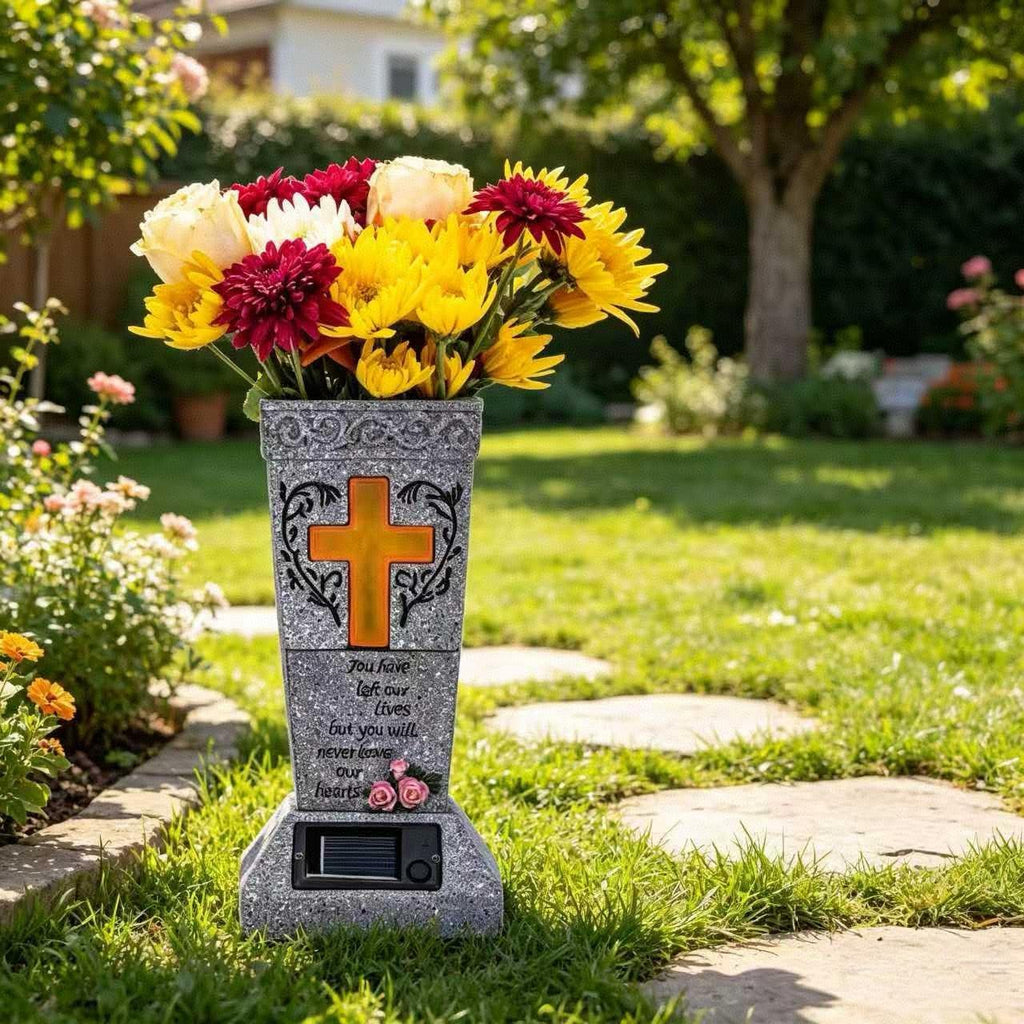 Solar Cemetery Vase for Grave Decor - Waterproof Memorial Flower Holder with LED Cross Light - Sympathy Gifts for