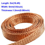 Flat Copper Braid Cable,6mm Flat Copper Braided Ground Strap Wire, Flexible Shielding Wire Mesh（16.4ft）
