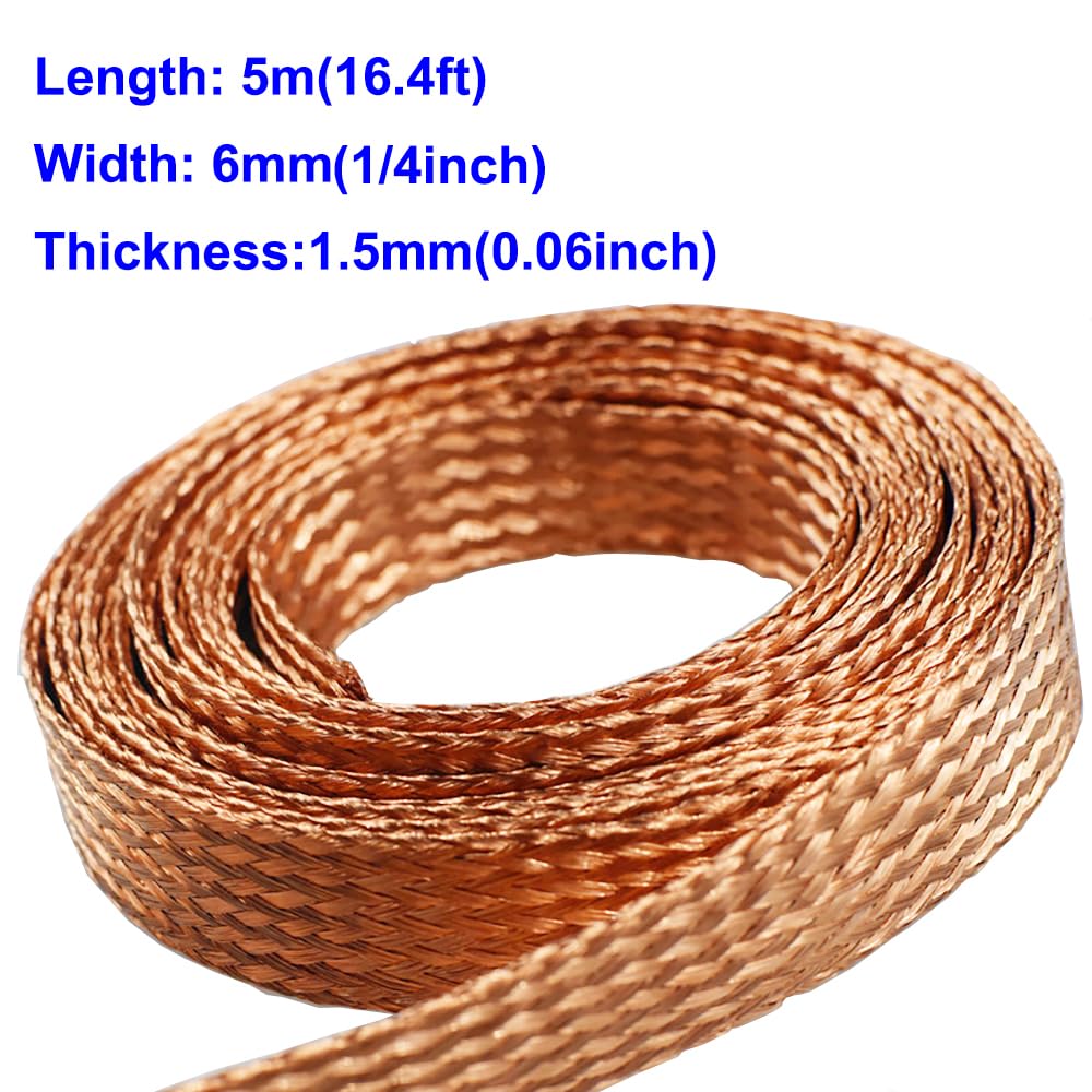Flat Copper Braid Cable,6mm Flat Copper Braided Ground Strap Wire, Flexible Shielding Wire Mesh（16.4ft）
