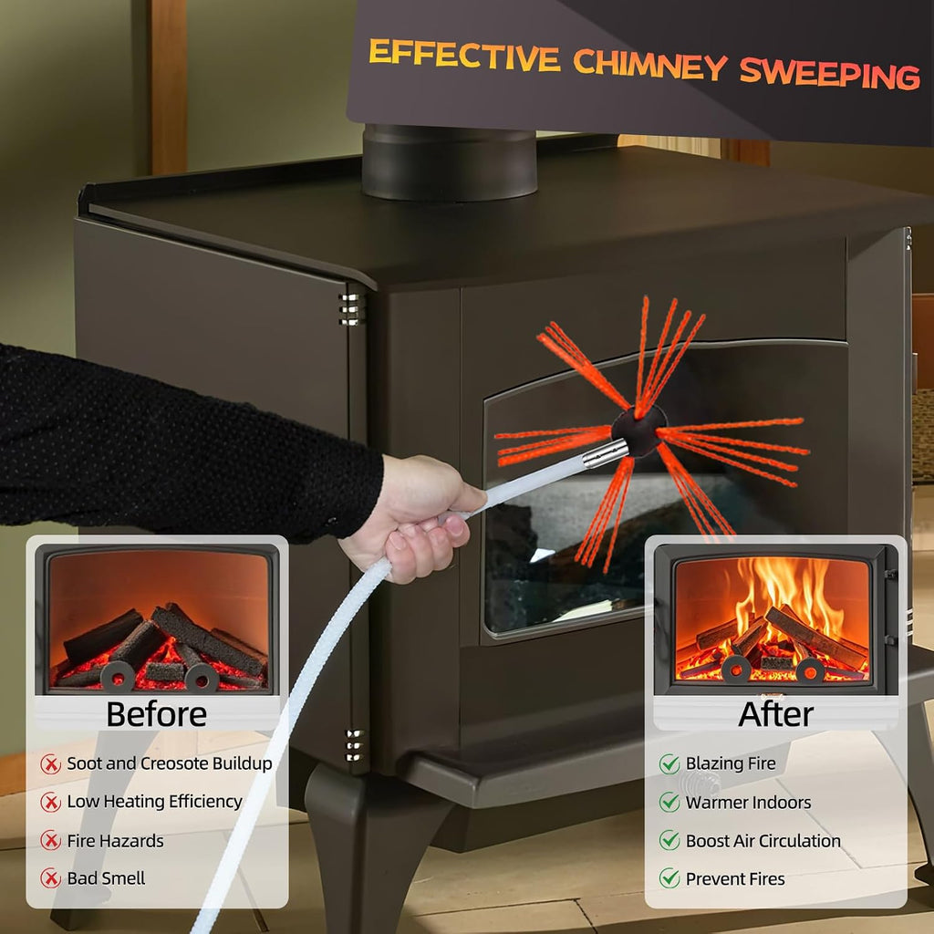 26 Feet Chimney Sweep Kit, Chimney Cleaning Kit with 8 Flexible White Chimney Rods, Chimney Brush, Rotary Chimney